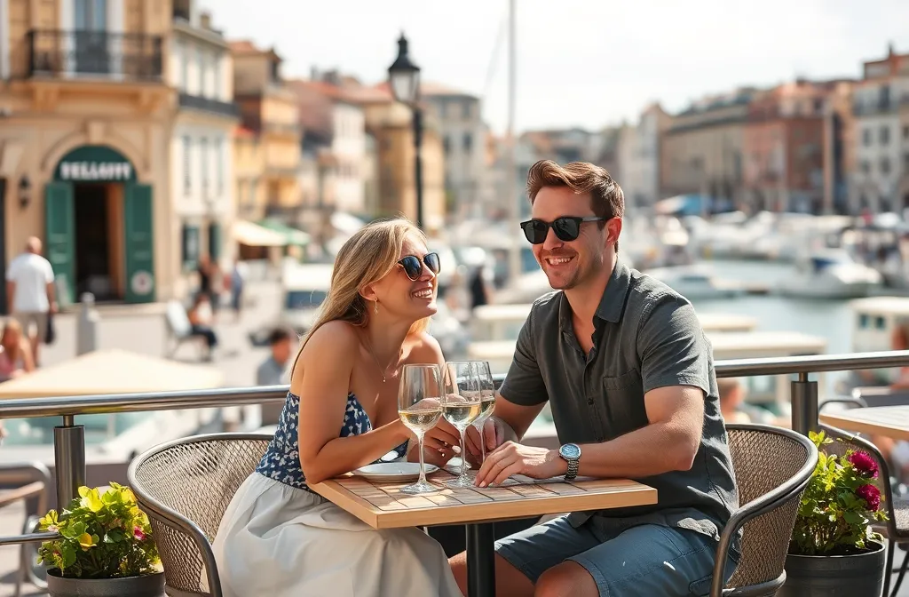 touriste à Marseille en terrasse au soleil 